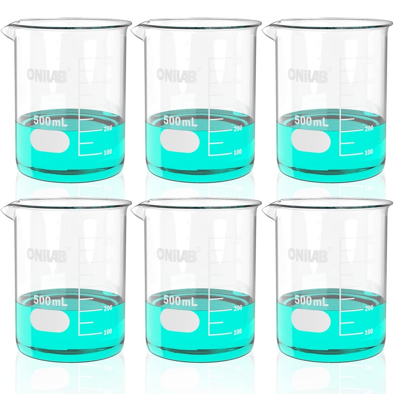 ONiLAB 17oz(500ml) Sturdy Glass Beaker, 3.3 Borosilicate Griffin Low Form with Printed Graduation, Pack of 6 13900249 - Image 1